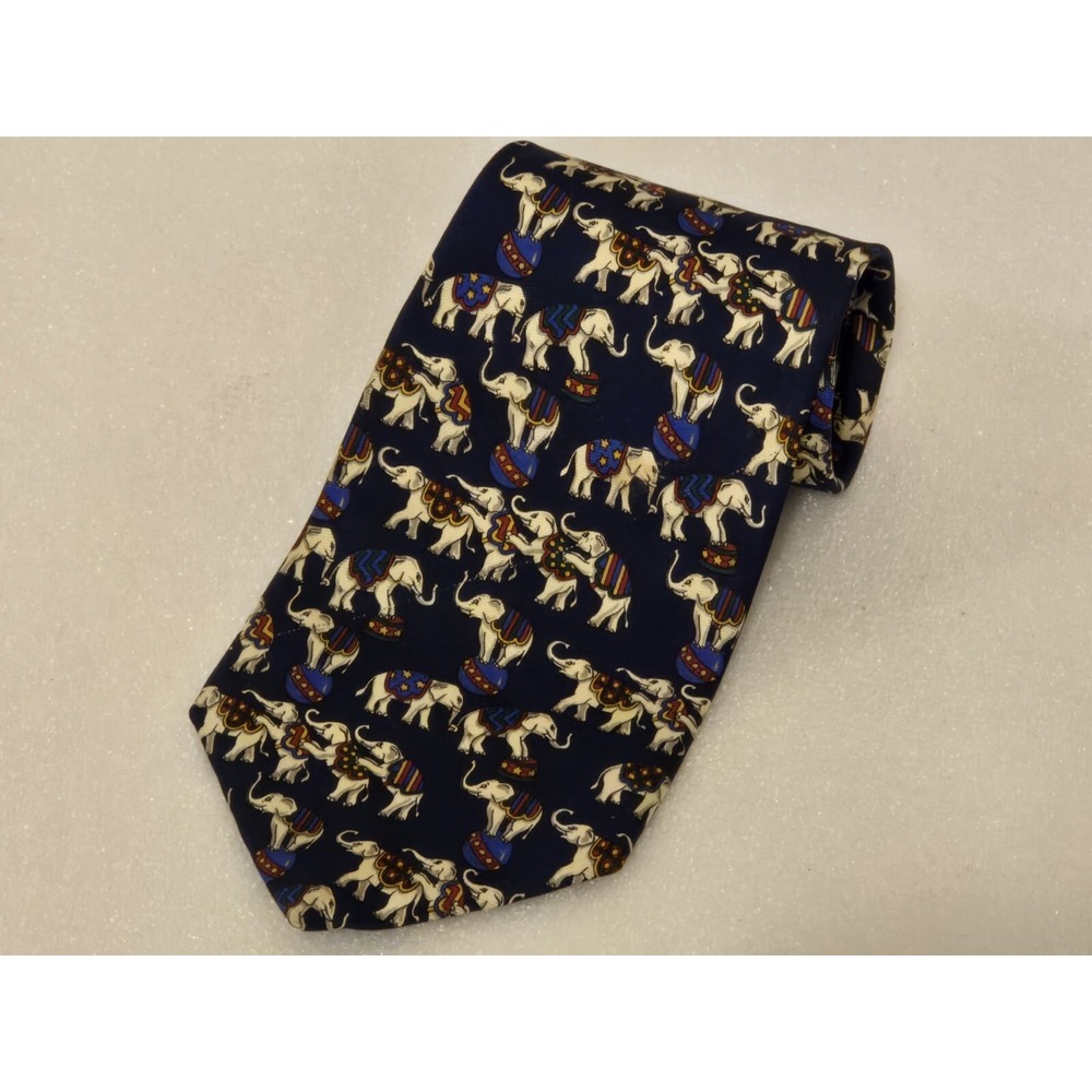 Paul Frederick 100% Silk Necktie Circus Elephants Ball Blue 58" Made In USA Tie